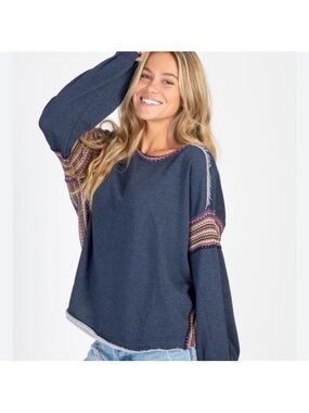 Natural Life Boho Oversized Knit Trim Blue Sweatshirt Size Large/XL